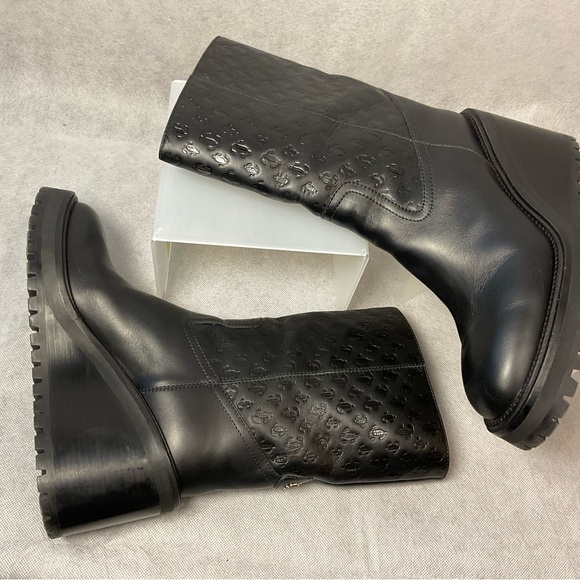 Jimmy Choo Monogram Embossed Leather Wedge Boots- Black- Barely Worn- Size 37.5 - Picture 7 of 14